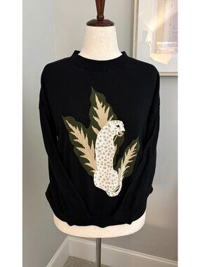LOFT XL Black Cotton Leopard Botanical Sweater Safari Jungle Chic
